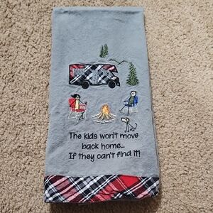 Gray Kitchen Towel with Embroidered Camping Design